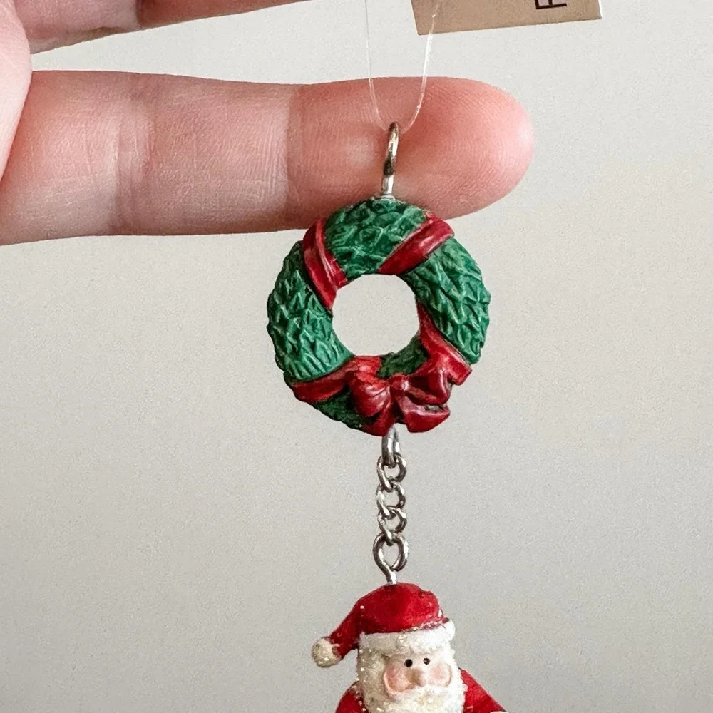 VTG New RUSS 3 Santa's w/List, Bow & Present Hanging on Chain Christmas Ornament